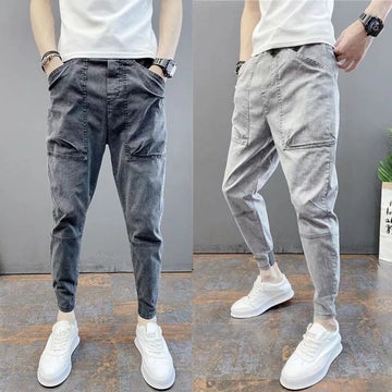 Summer men's thin foot casual jeans pants solid color elastic bouques spirit small guy foot trend men's pants aidase-shop